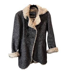 Guess Tweed Wool Blend Herringbone Pennylane Coat Blue Gray Womens Size M